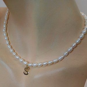 Elements NEW Personalized "S" Gold & Pearl Necklace Stamped 9.25 Sterling Silver